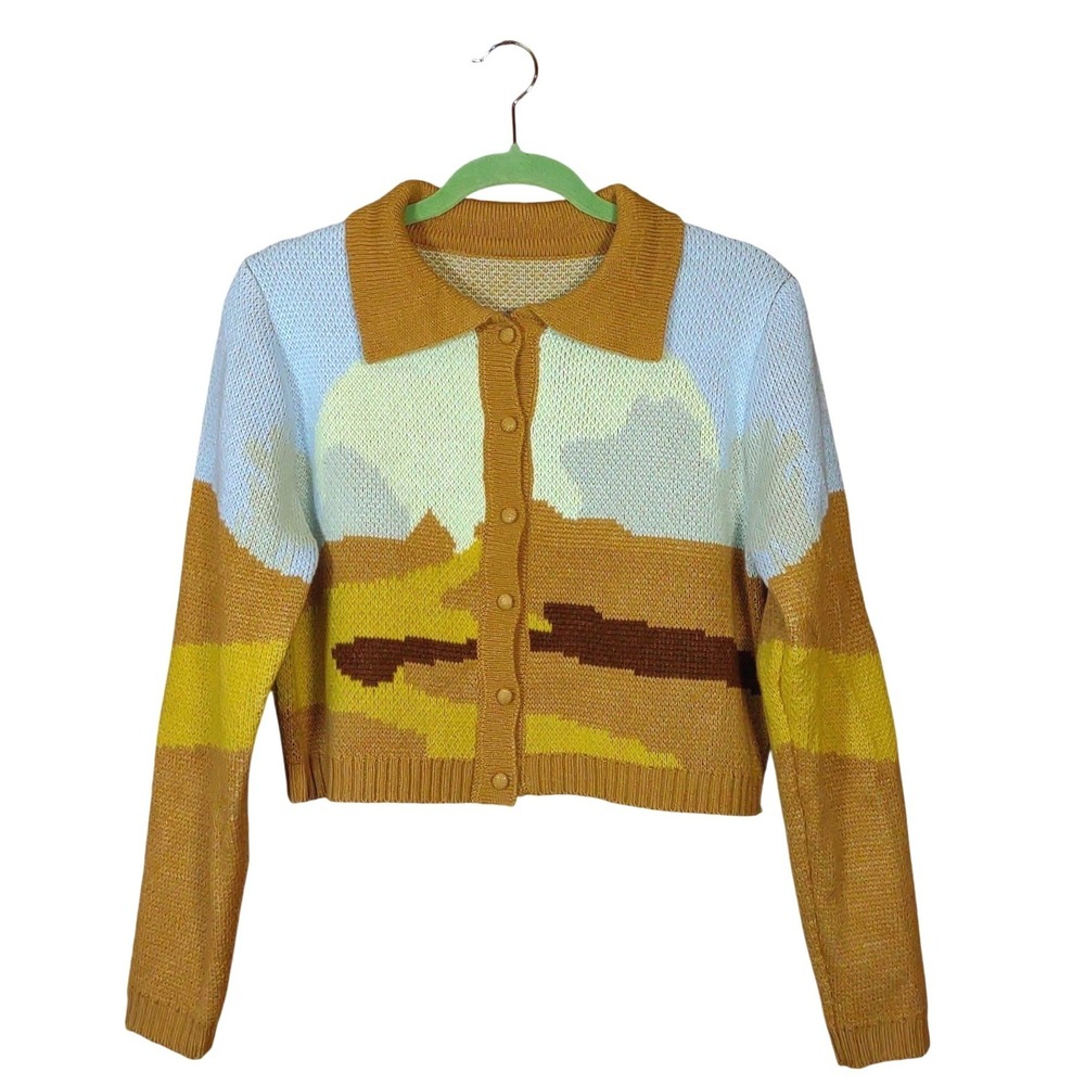 Retro Knit Cropped Cardigan Sweater Womens Desert Landscape Medium Eclectic Art